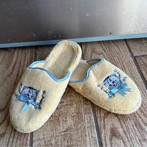 Vintage Terrycloth Cat Kitten House Slipper Slip On Shoe Yellow Satin Lined 8-10
